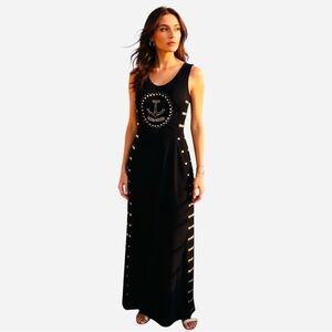 Cache Y2K Black Knit Bodycon Maxi Dress Studded Nautical Details Women’s Small